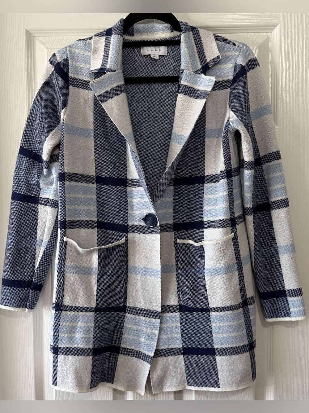 ELLE Plaid Knit Sweater Blazer XS Blue White Open Front Jacket